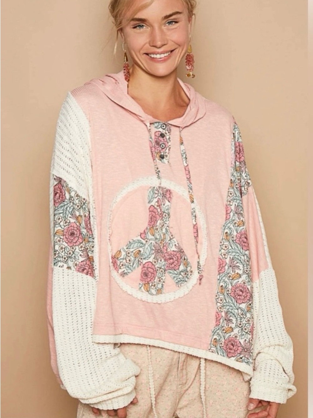 POL Pink Knit Hoodie with White Stitch Trim